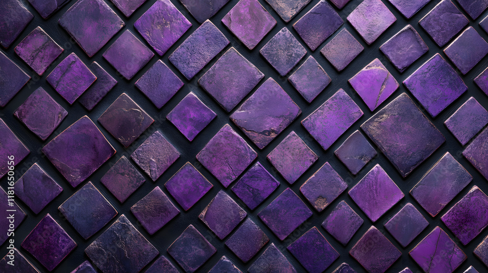 Poster many symmetrical purple rhombuses and squares on a black background. bright abstract pattern of geom