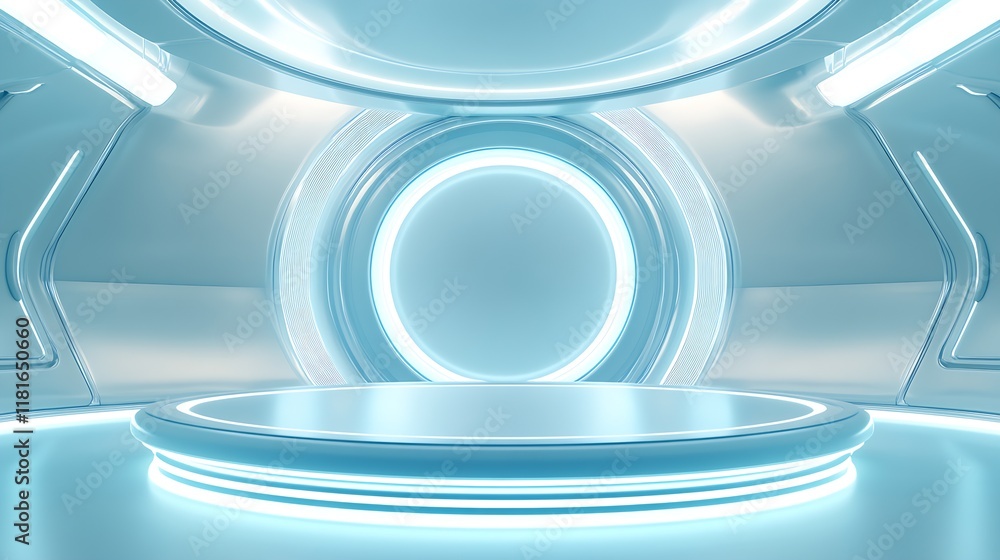 Poster futuristic sci-fi interior with glowing circular design and blue illumination : generative ai