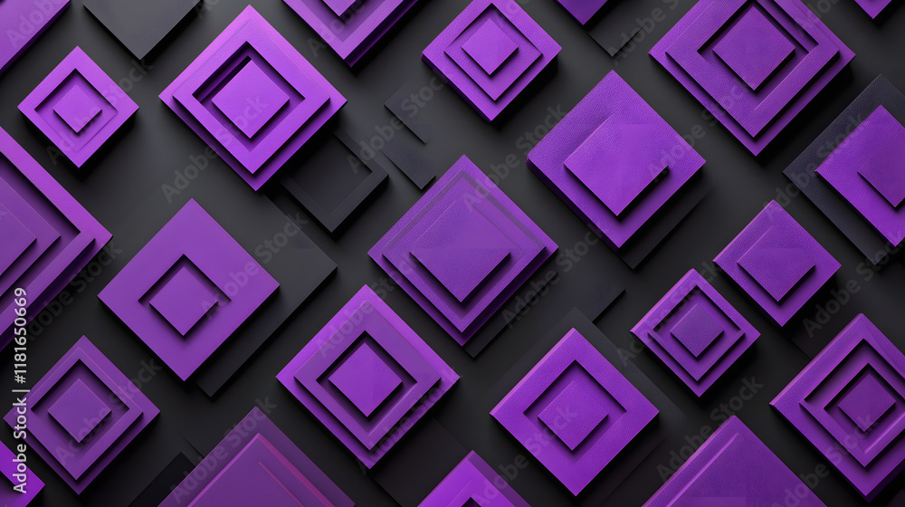 Poster many symmetrical purple rhombuses and squares on a black background. bright abstract pattern of geom