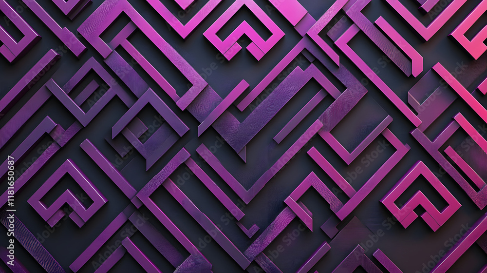 Poster many symmetrical purple rhombuses and squares on a black background. bright abstract pattern of geom