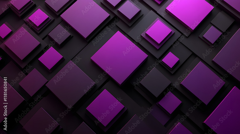 Poster many symmetrical purple rhombuses and squares on a black background. bright abstract pattern of geom