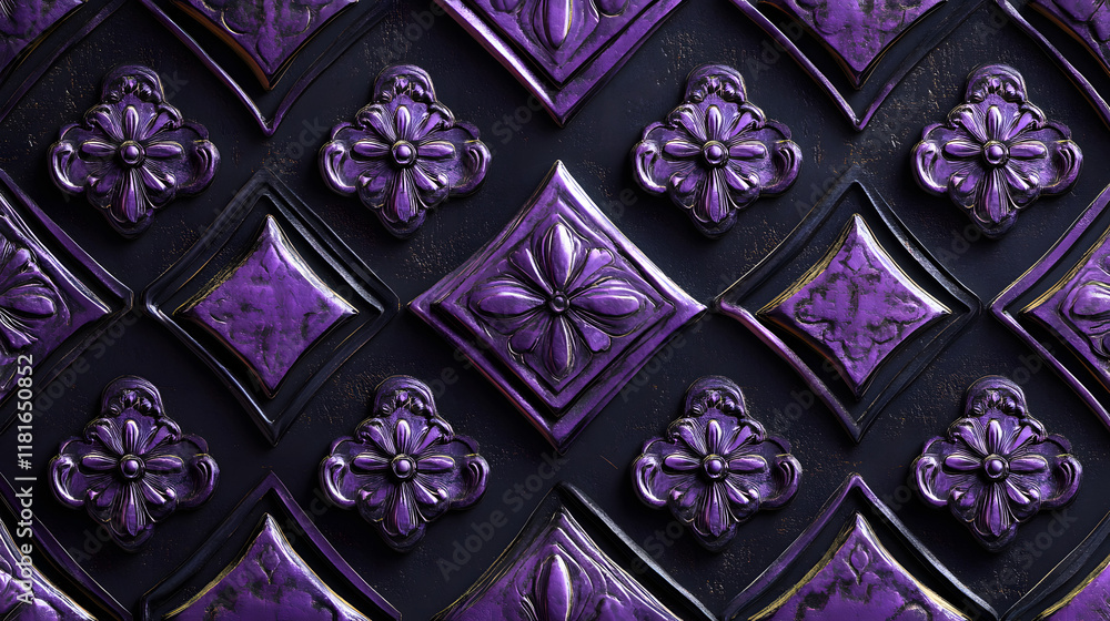 Poster many symmetrical purple rhombuses and squares on a black background. bright abstract pattern of geom
