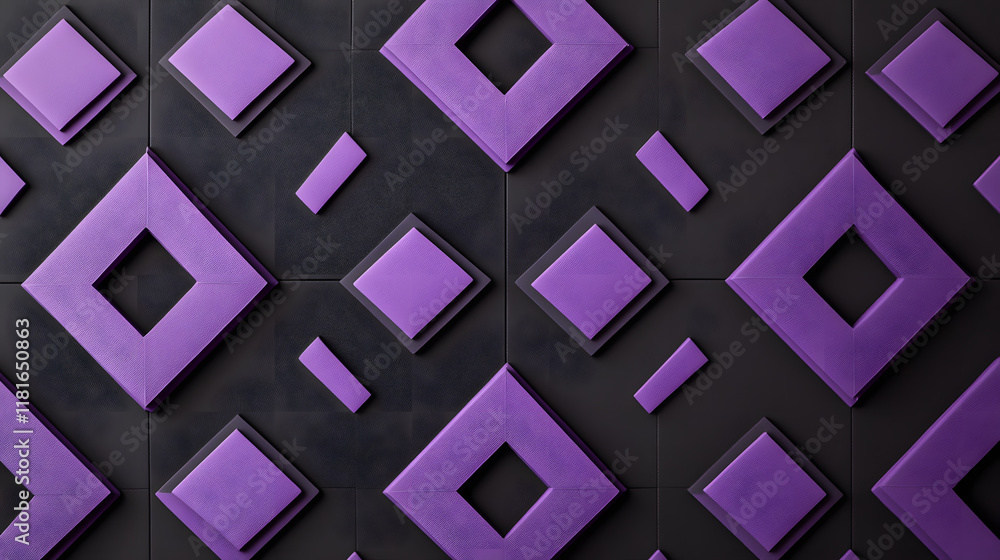 Poster many symmetrical purple rhombuses and squares on a black background. bright abstract pattern of geom