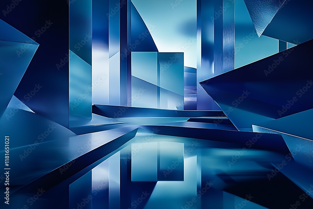 Poster contemporary futuristic architectural design in reflective blue metallic structures : generative ai