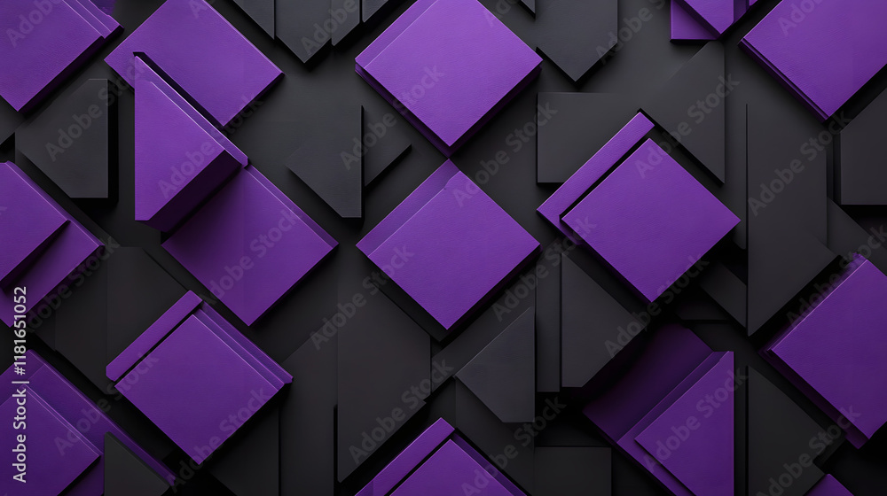 Poster many symmetrical purple rhombuses and squares on a black background. bright abstract pattern of geom