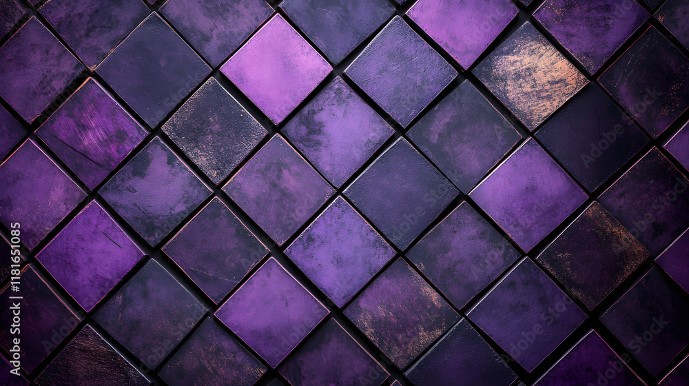 Poster many symmetrical purple rhombuses and squares on a black background. bright abstract pattern of geom