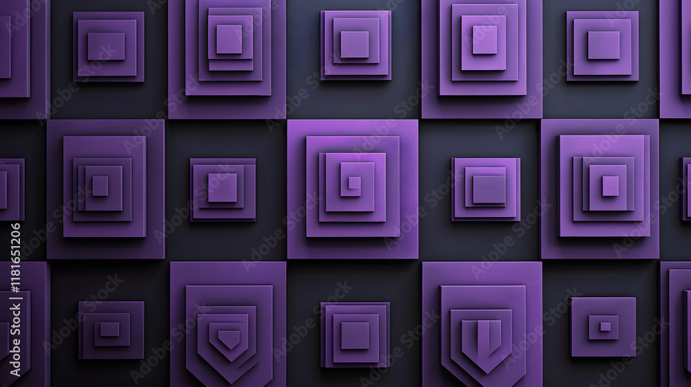 Poster many symmetrical purple rhombuses and squares on a black background. bright abstract pattern of geom