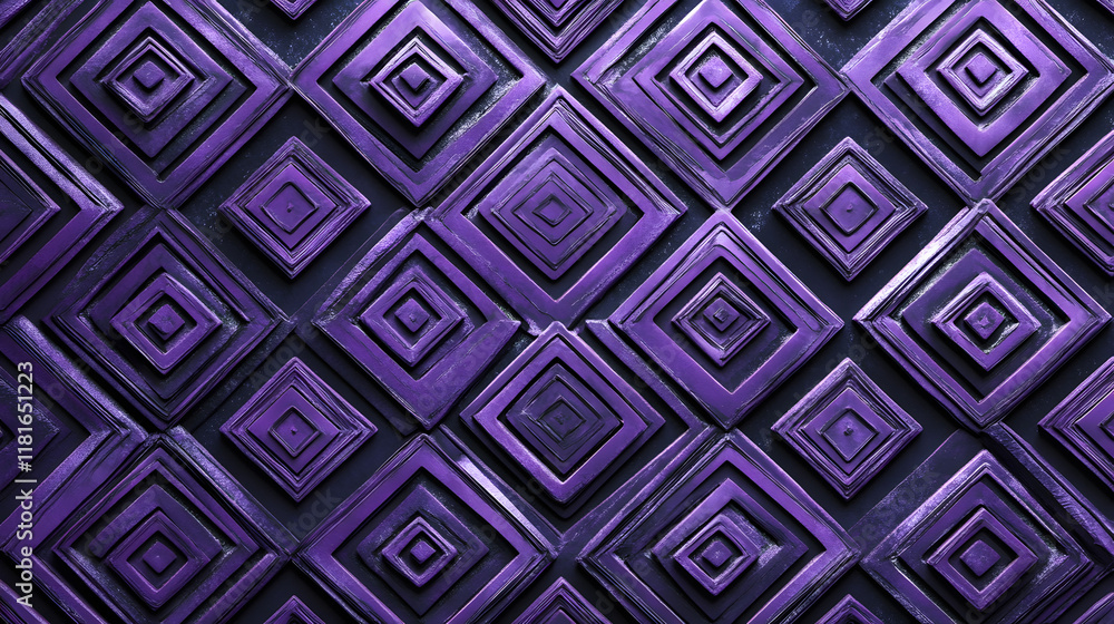 Poster many symmetrical purple rhombuses and squares on a black background. bright abstract pattern of geom