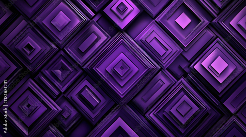 Poster many symmetrical purple rhombuses and squares on a black background. bright abstract pattern of geom