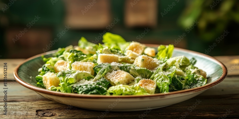 Poster fresh caesar salad served on a plate against a rustic wooden background, showcasing the vibrant ingr