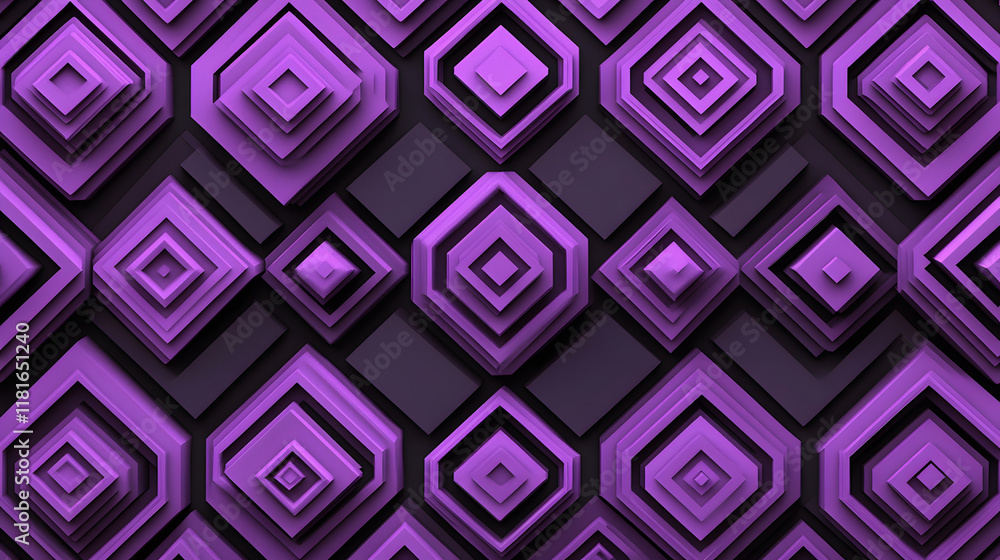 Poster many symmetrical purple rhombuses and squares on a black background. bright abstract pattern of geom
