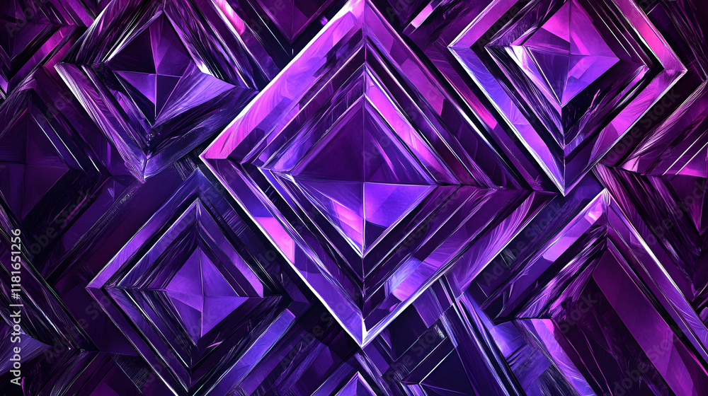 Poster many symmetrical purple rhombuses and squares on a black background. bright abstract pattern of geom