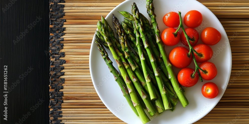 Poster asparagus and cherry tomatoes beautifully arranged on a white saucer, complemented by a rustic woode
