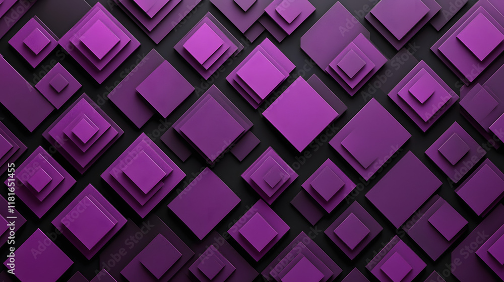 Poster many symmetrical purple rhombuses and squares on a black background. bright abstract pattern of geom