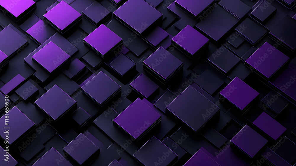 Poster many symmetrical purple rhombuses and squares on a black background. bright abstract pattern of geom