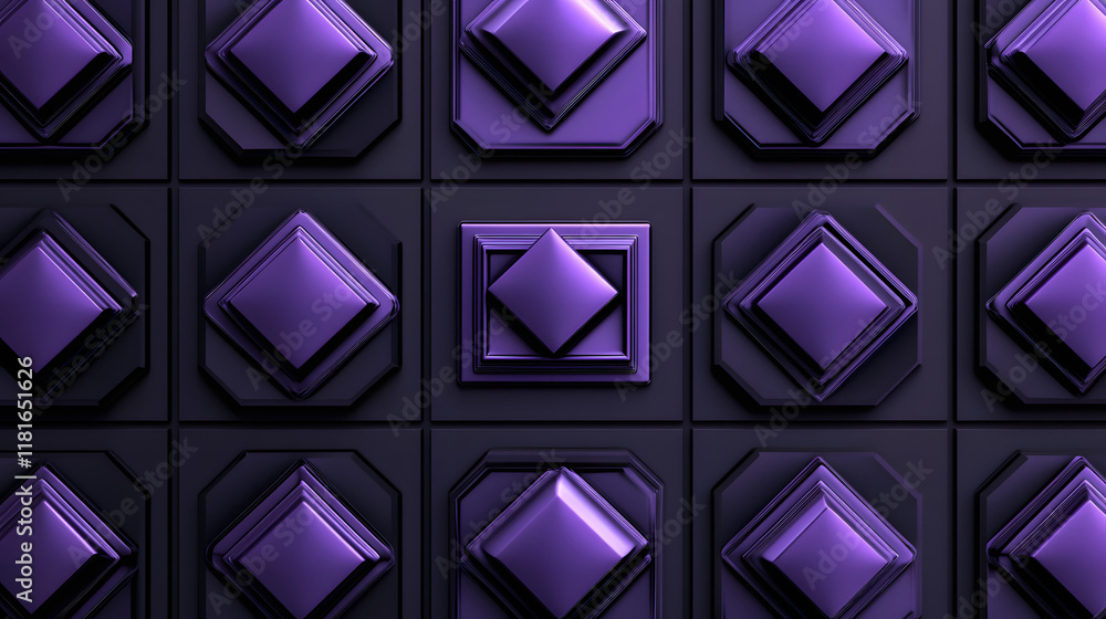 Poster many symmetrical purple rhombuses and squares on a black background. bright abstract pattern of geom