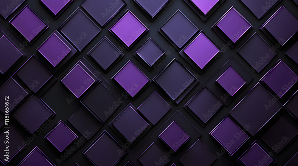 Poster many symmetrical purple rhombuses and squares on a black background. bright abstract pattern of geom