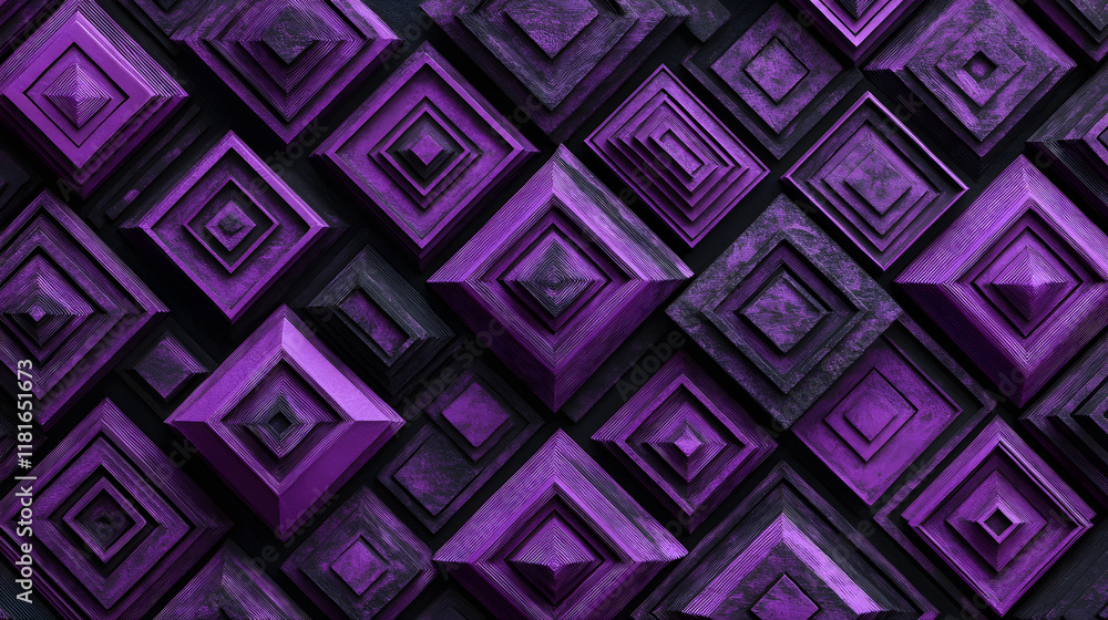 Poster many symmetrical purple rhombuses and squares on a black background. bright abstract pattern of geom