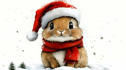 Cute Bunny Wears Santa Hat and Scarf in Winter Wonderland Joyfully