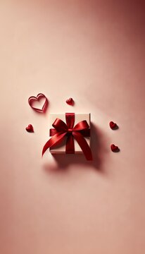 Pink gift box with red bow on pink background with red hearts. Holiday web banner. Top view.