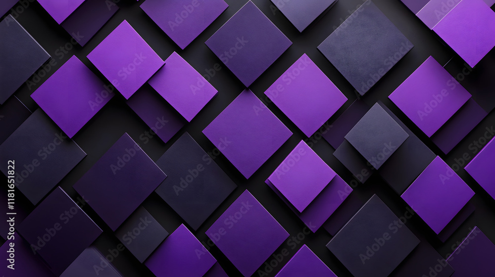 Poster many symmetrical purple rhombuses and squares on a black background. bright abstract pattern of geom