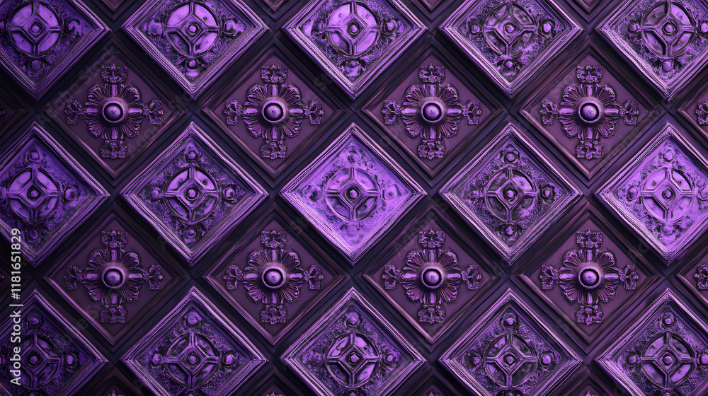 Poster many symmetrical purple rhombuses and squares on a black background. bright abstract pattern of geom