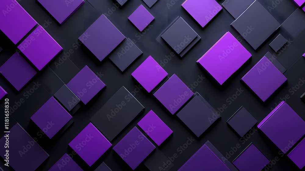 Poster many symmetrical purple rhombuses and squares on a black background. bright abstract pattern of geom