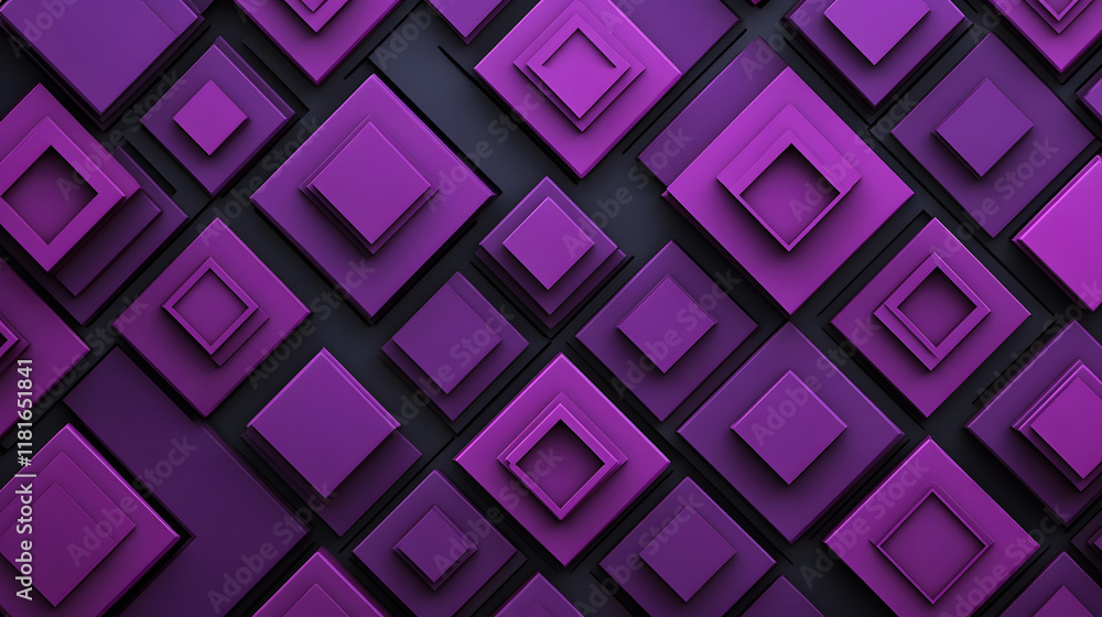 Poster many symmetrical purple rhombuses and squares on a black background. bright abstract pattern of geom