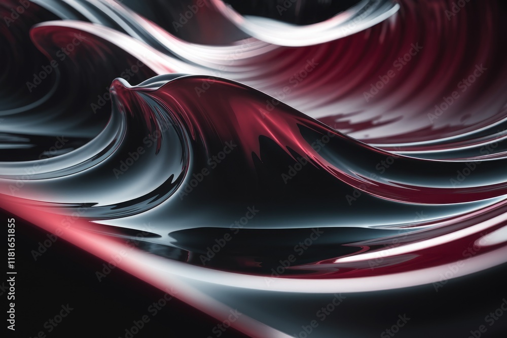 Poster Abstract 3D rendering of dark red and black glossy waves, creating a flowing, liquid-like texture.