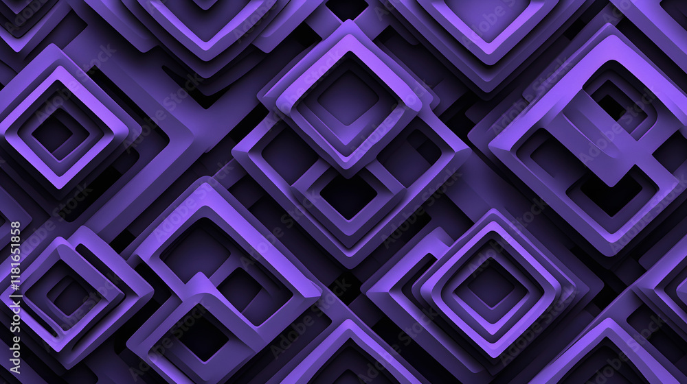 Poster many symmetrical purple rhombuses and squares on a black background. bright abstract pattern of geom
