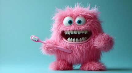 Fototapeta premium Pink Fuzzy Monster Brushes Teeth with Pink Toothbrush on Blue Background