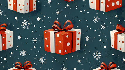 Obraz premium Gift Boxes Decorated with Red Bows and Snowflakes Gently Falling