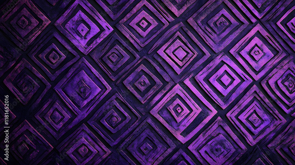 Poster many symmetrical purple rhombuses and squares on a black background. bright abstract pattern of geom