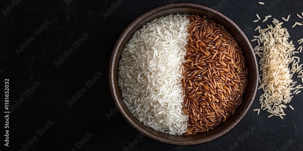 Poster organic rice and mixed rice are elegantly displayed in a bowl against a striking black background. t