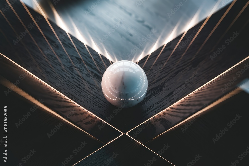 Poster A marble sphere rests at the intersection of illuminated dark wooden planes, creating a minimalist, geometric composition.