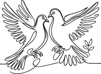Romantic Dove Birds Line Art Drawing, Vector Style