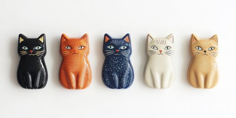 Cat shaped fridge magnets isolated on a white background create a fun and playful display. These cat fridge magnets add charm to your space while showcasing unique design and style.