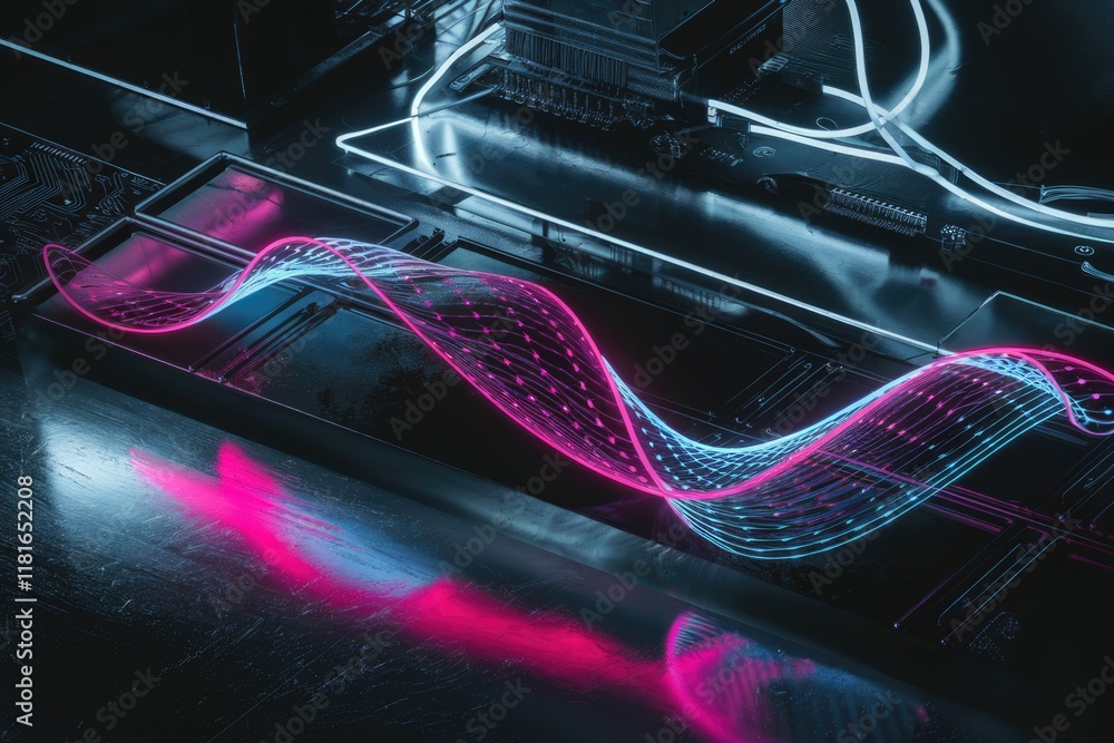 Poster neon pink and blue digital wave flowing over a dark tech surface.