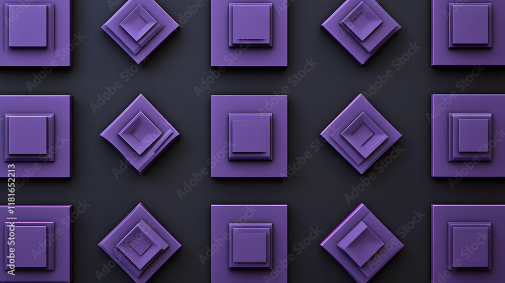 Poster many symmetrical purple rhombuses and squares on a black background. bright abstract pattern of geom