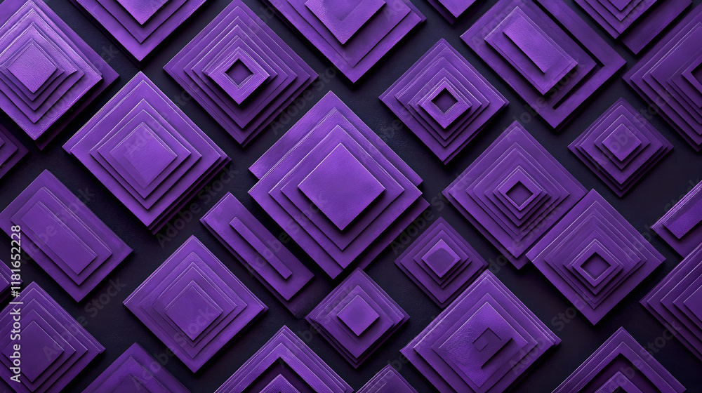 Poster many symmetrical purple rhombuses and squares on a black background. bright abstract pattern of geom