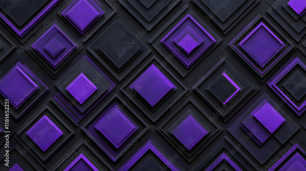 Poster many symmetrical purple rhombuses and squares on a black background. bright abstract pattern of geom