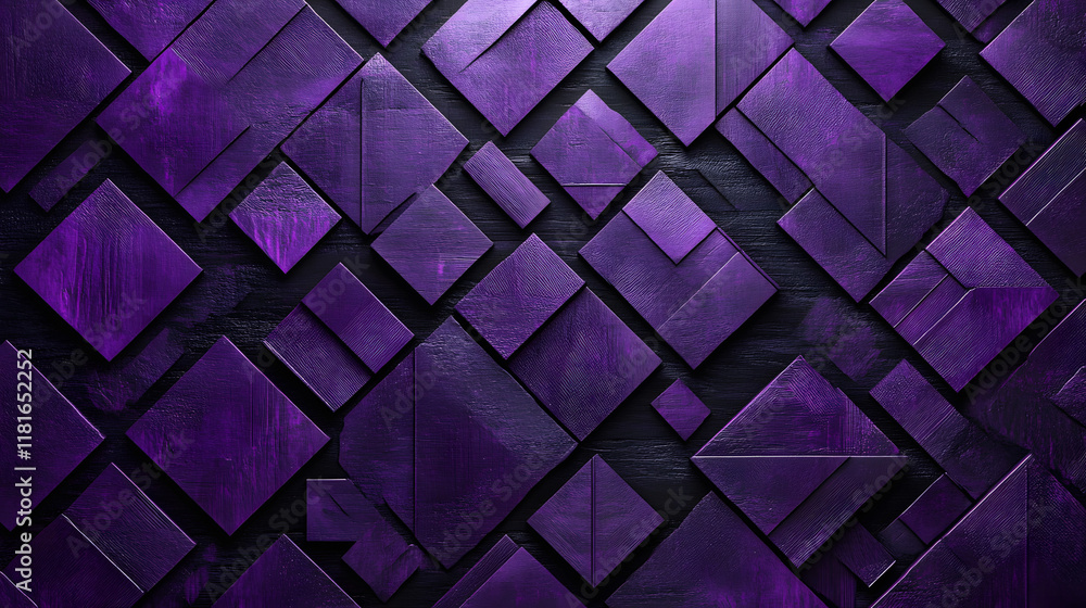 Poster many symmetrical purple rhombuses and squares on a black background. bright abstract pattern of geom