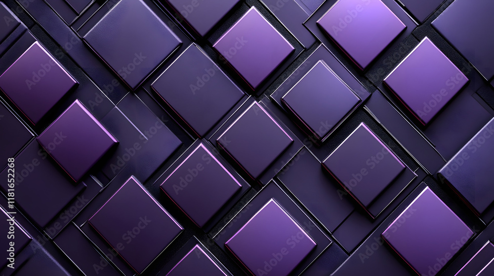 Poster many symmetrical purple rhombuses and squares on a black background. bright abstract pattern of geom