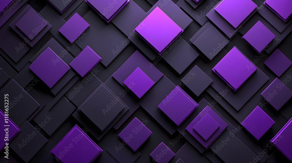 Poster many symmetrical purple rhombuses and squares on a black background. bright abstract pattern of geom