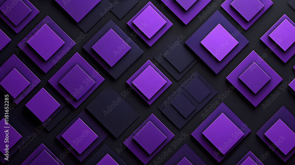 Poster Many symmetrical purple rhombuses and squares on a black background. Bright abstract pattern of geometric carved and fancy shapes.
