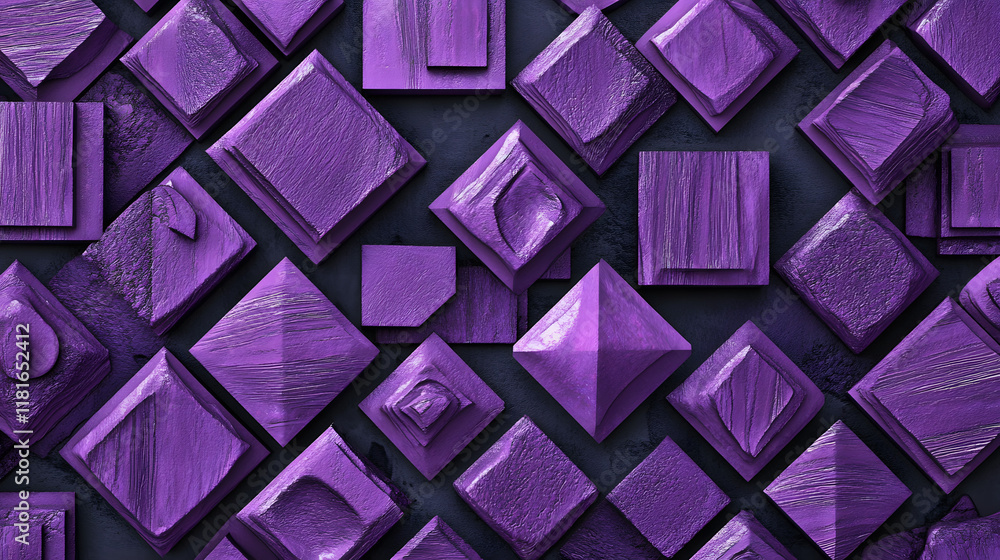 Poster many symmetrical purple rhombuses and squares on a black background. bright abstract pattern of geom