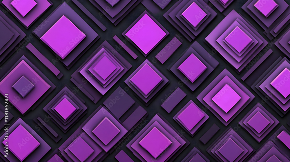 Poster many symmetrical purple rhombuses and squares on a black background. bright abstract pattern of geom