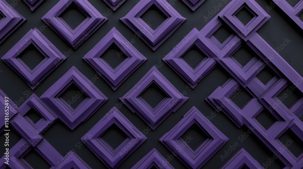 Poster many symmetrical purple rhombuses and squares on a black background. bright abstract pattern of geom