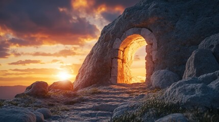 Radiant Sunset Behind Ancient Stone Archway Surrounded by Rocks