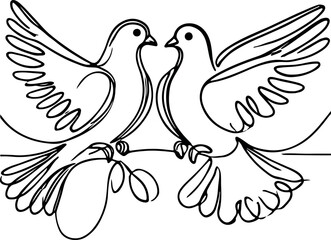 Romantic Dove Birds Line Art Drawing, Vector Style